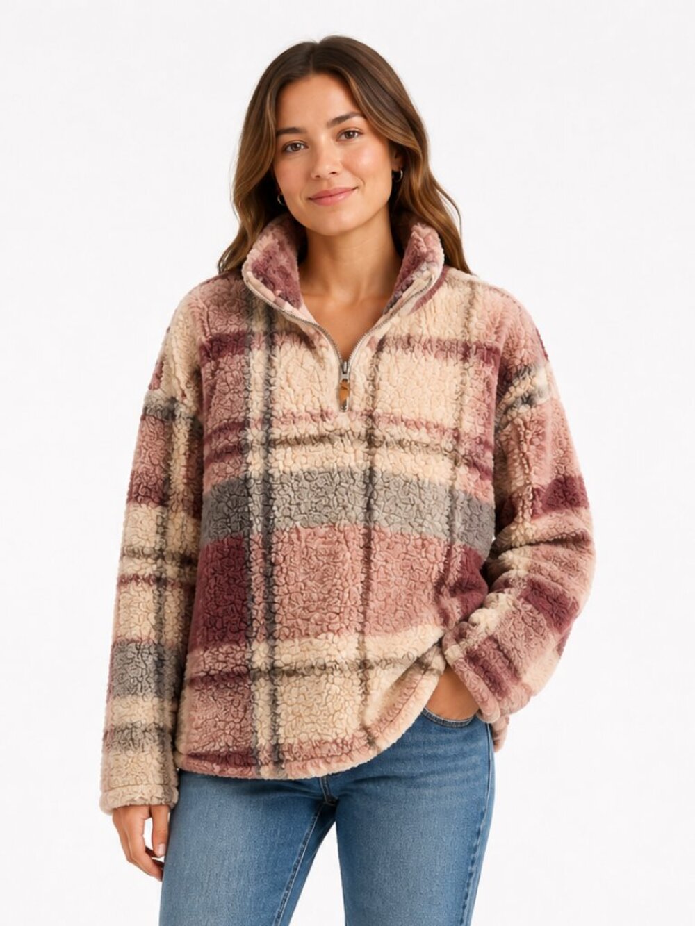 Thread & Supply Plaid Sherpa Quarter Zip L